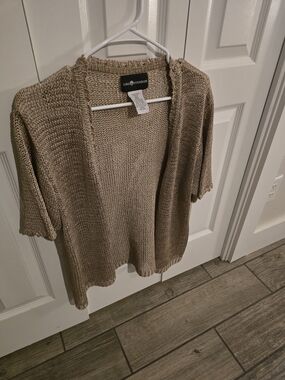 Sag Harbor Open-Front Short-Sleeve Cardigan - Taupe Size Large